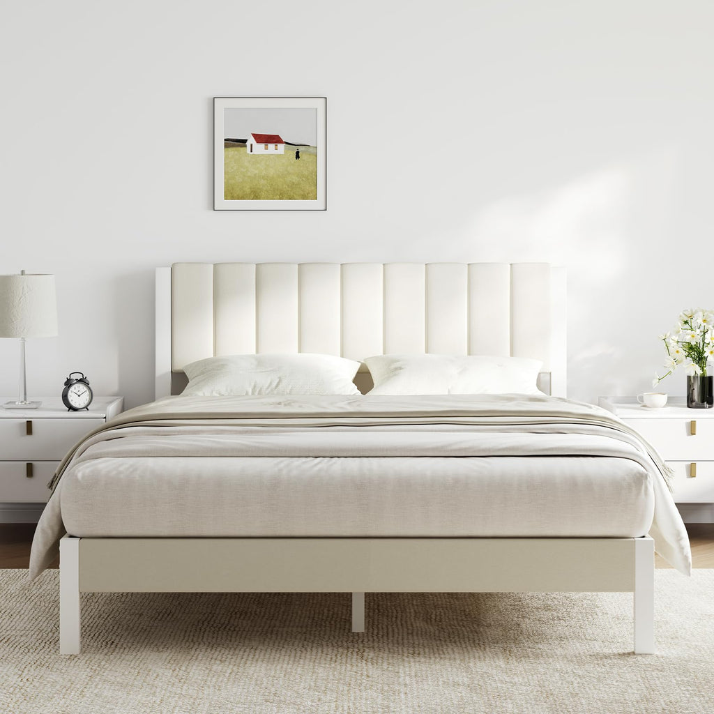 Full Size Metal Platform Bed Frame with Velvet White Headboard T3201
