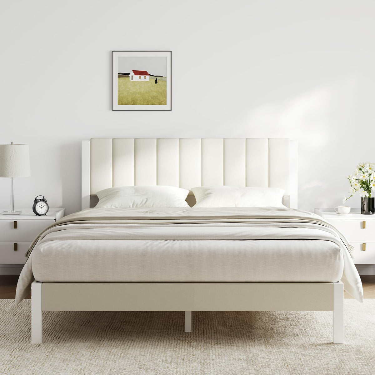 Full Size Metal Platform Bed Frame with Velvet White Headboard T3201