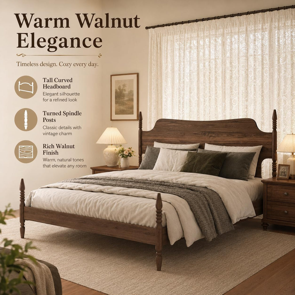 King Size Wood Platform Bed Frame with Curved Headboard S607787