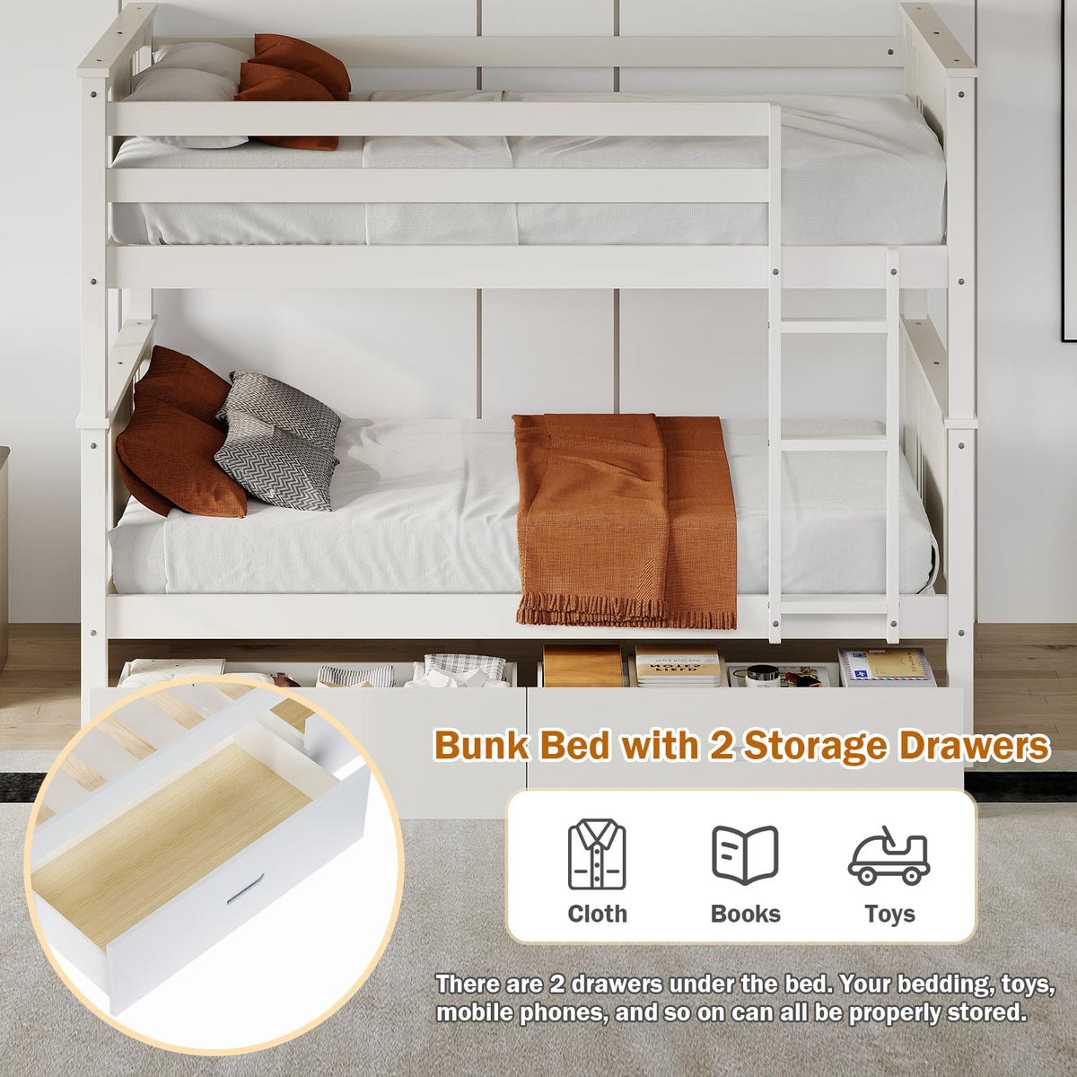 Solid Wood Twin-Over-Twin Bunk Bed with 2 Storage Drawers U39331