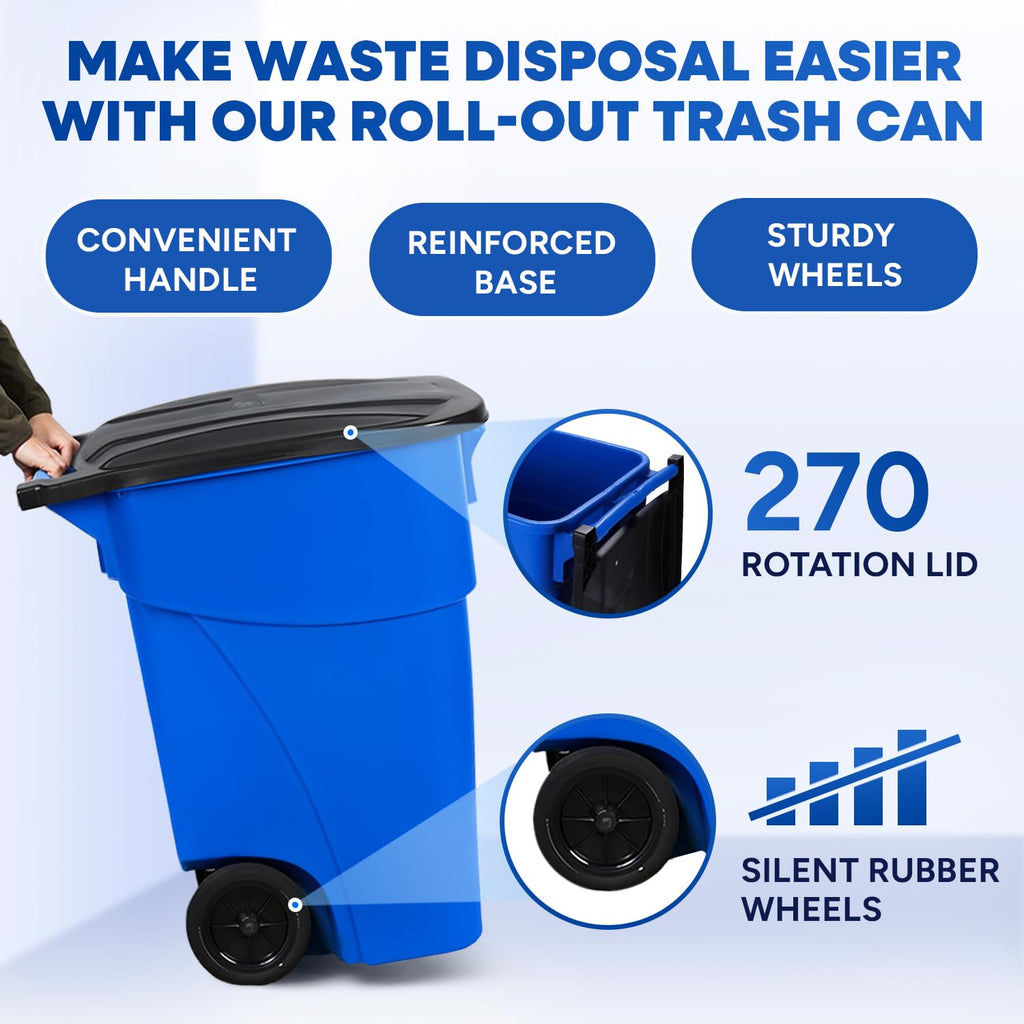 50 Gallon Blue Plastic Trash Can with Lid and Wheels F3820