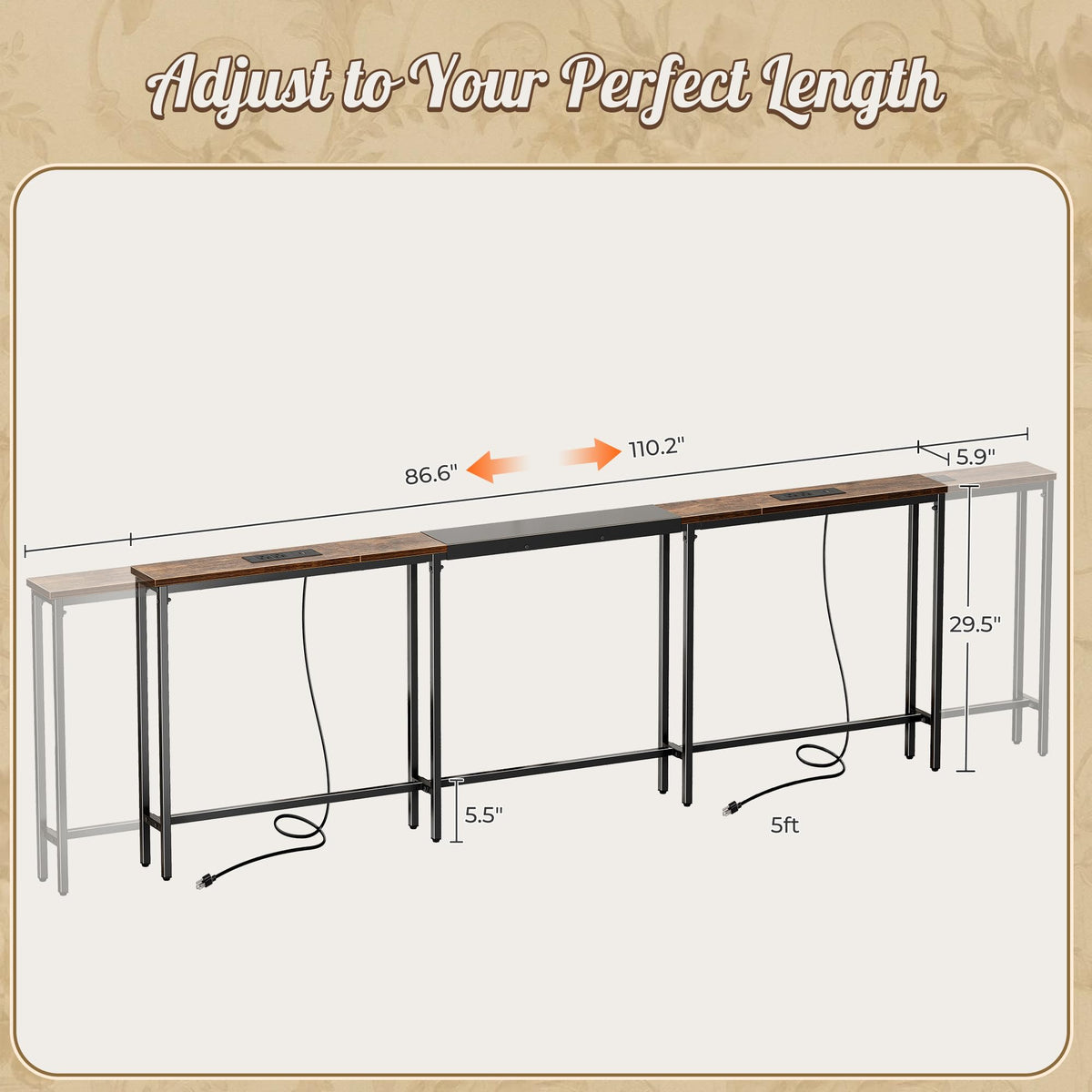 Narrow Sofa Table with 2 Power Outlets and USB-C Port Y828004