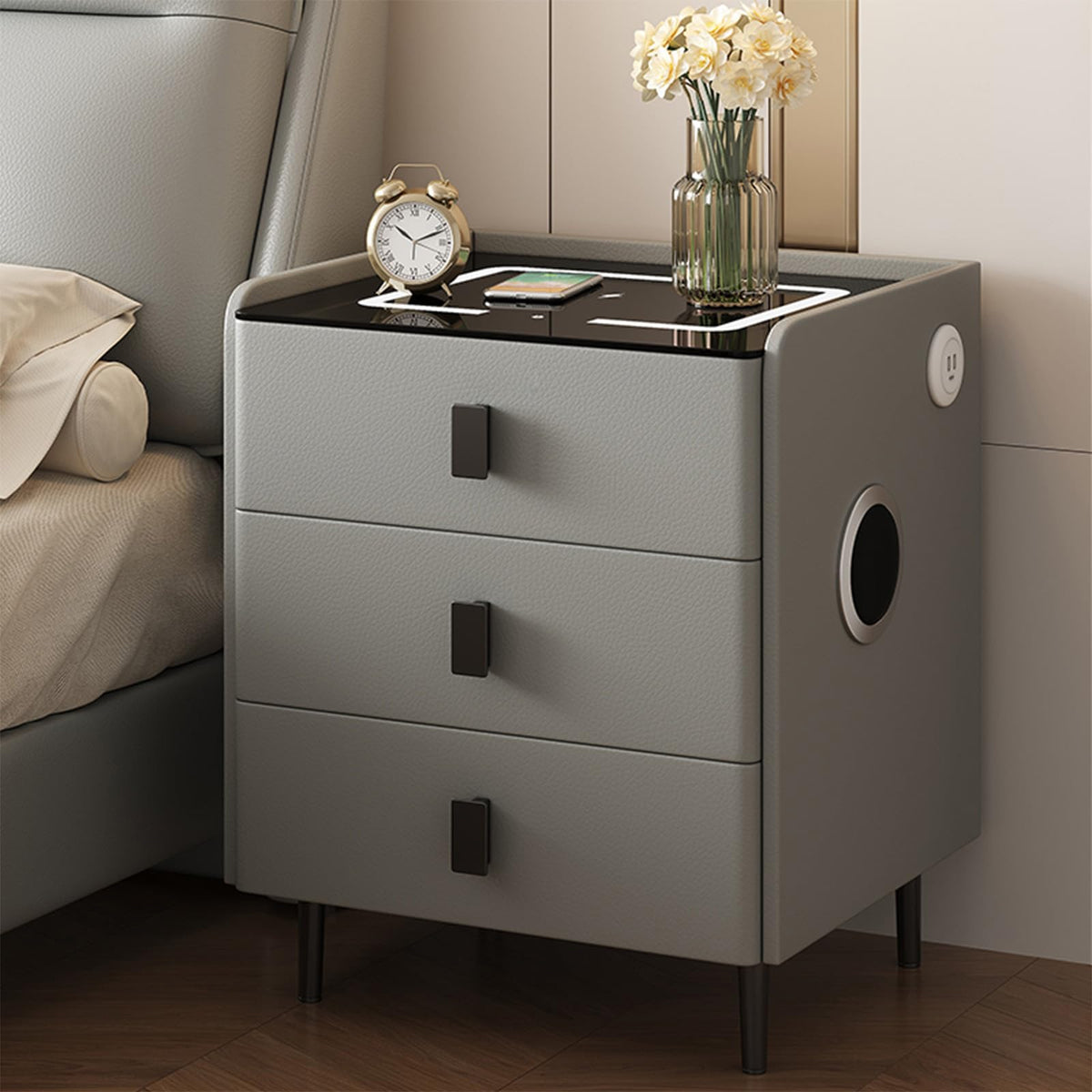 Smart Nightstand with Bluetooth Speaker, 3 Drawer LED Nightstand with USB Port I37484
