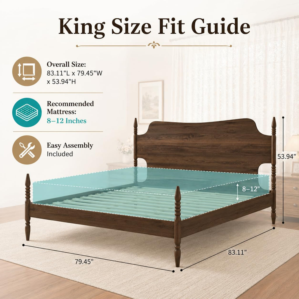 King Size Wood Platform Bed Frame with Curved Headboard S607787