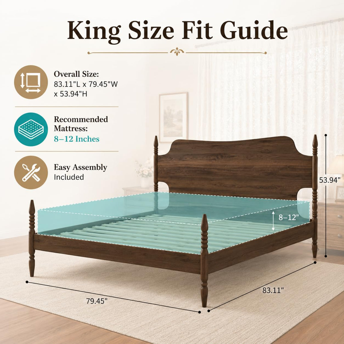 King Size Wood Platform Bed Frame with Curved Headboard S607787