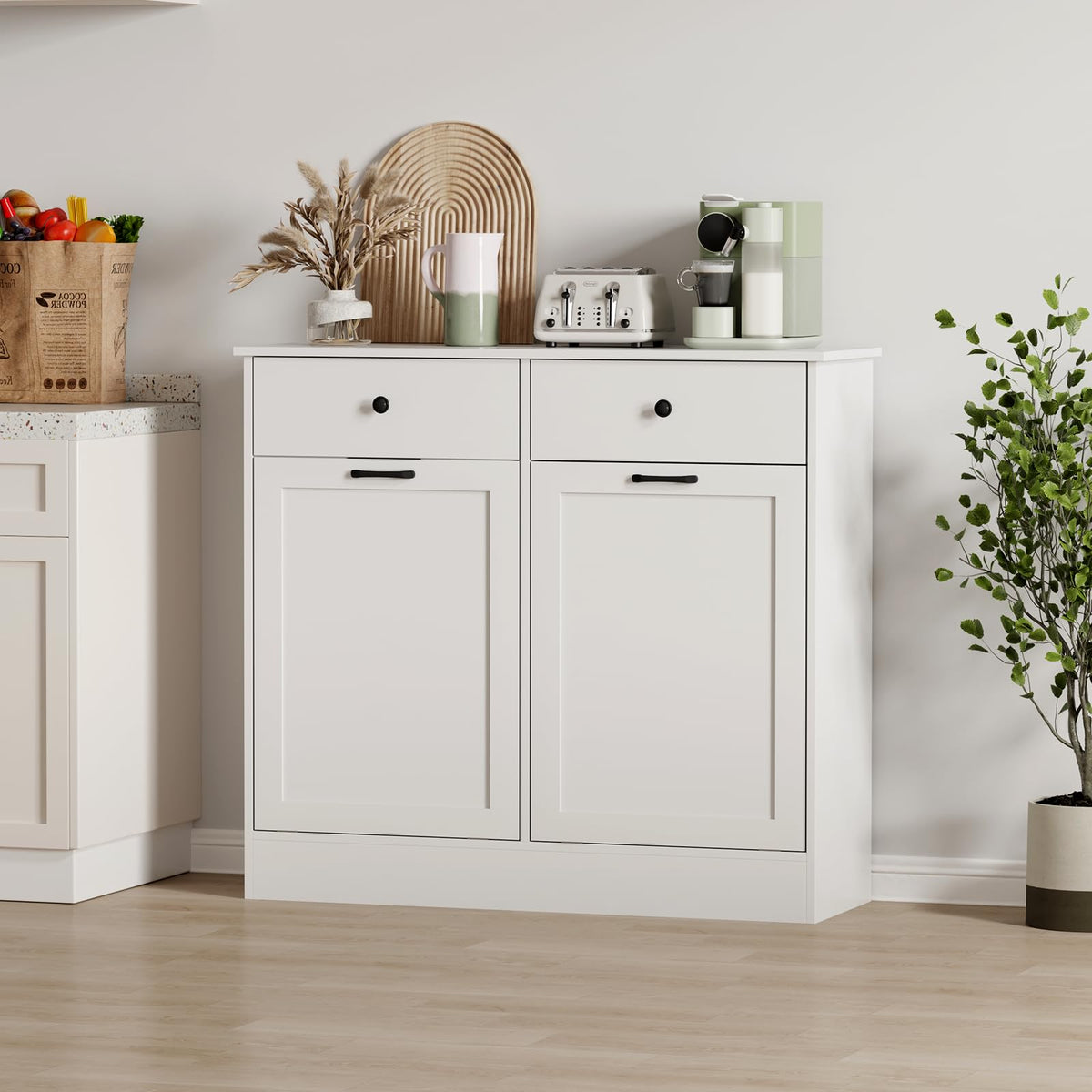 White 20-Gallon Wooden Tilt-Out Trash Can Cabinet G444369