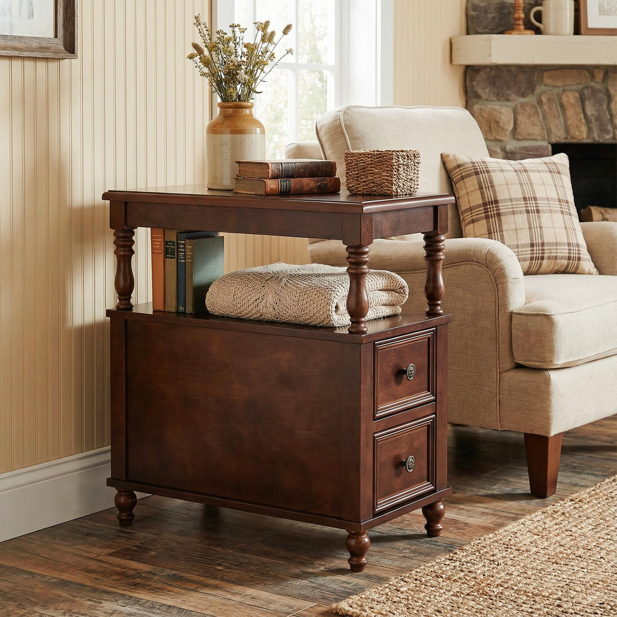 Cherry Finish Wood End Table with 2 Drawers I795