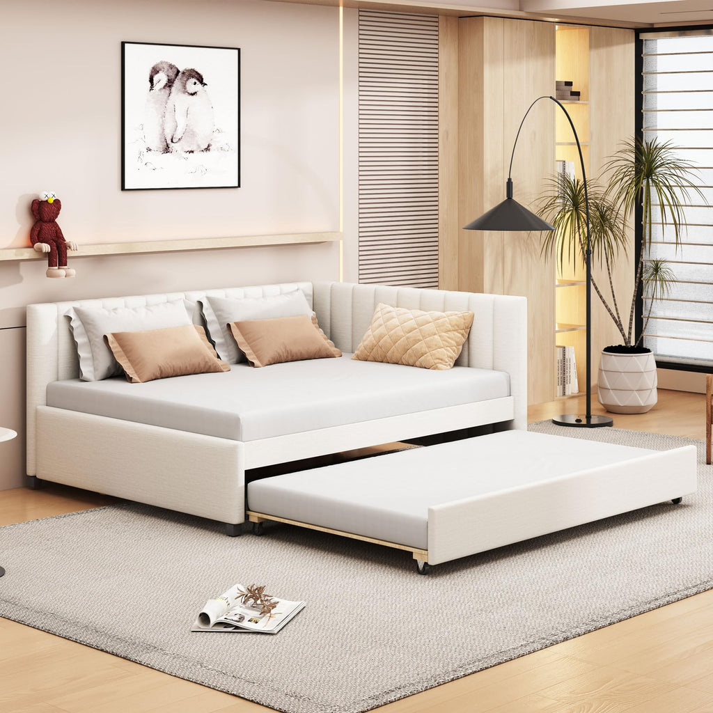 Beige Linen Upholstered Full Daybed with Twin Trundle B693