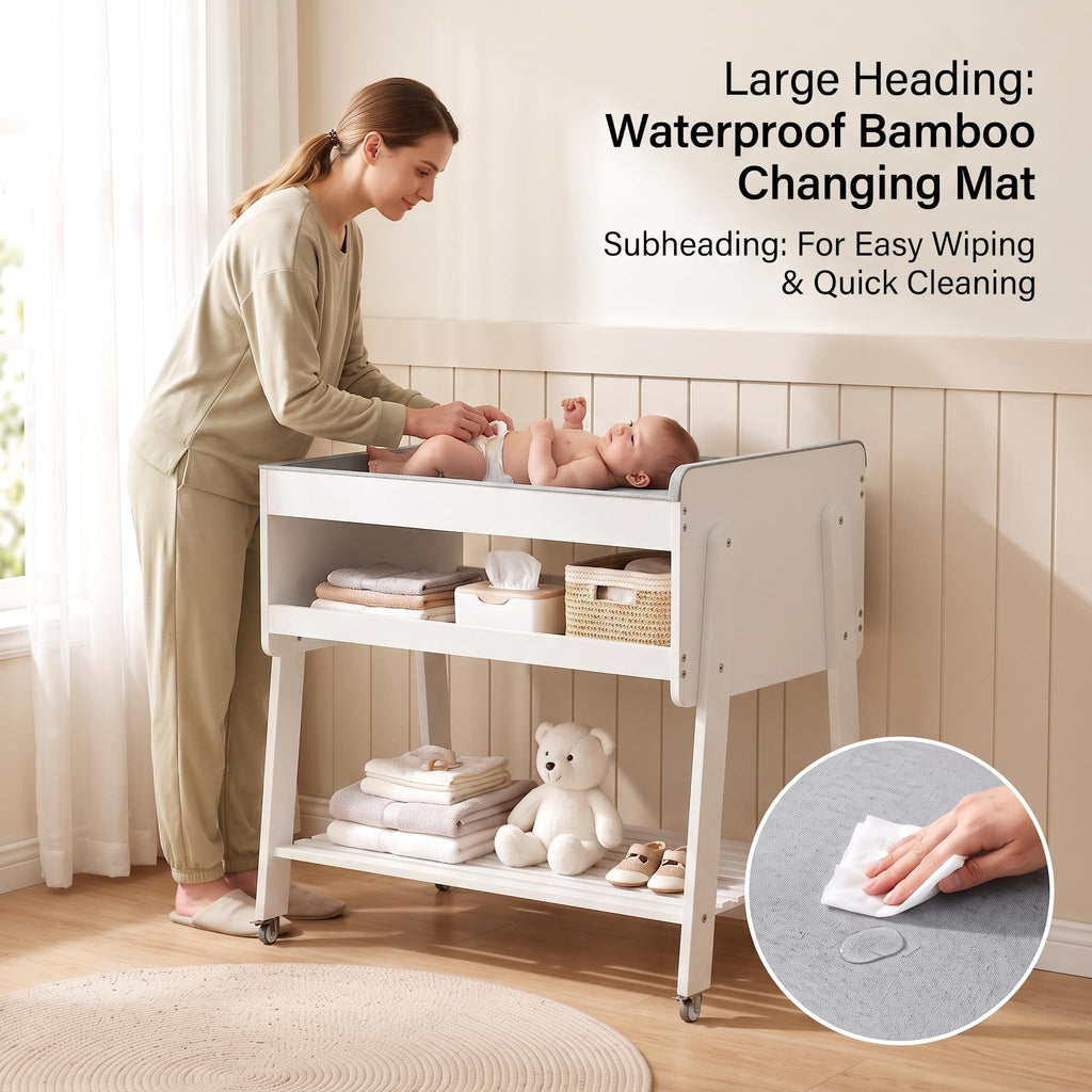 White Baby Changing Table with Wheels and Changing Pad Y493