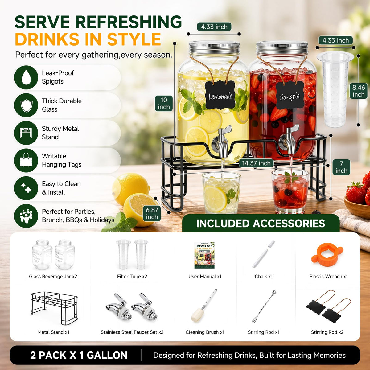 2 PCS 1 Gallon Glass Drink Dispensers with Stand & Fruit Infuser O319672