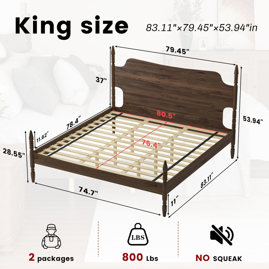 King Size Wood Platform Bed Frame with Curved Headboard S607787