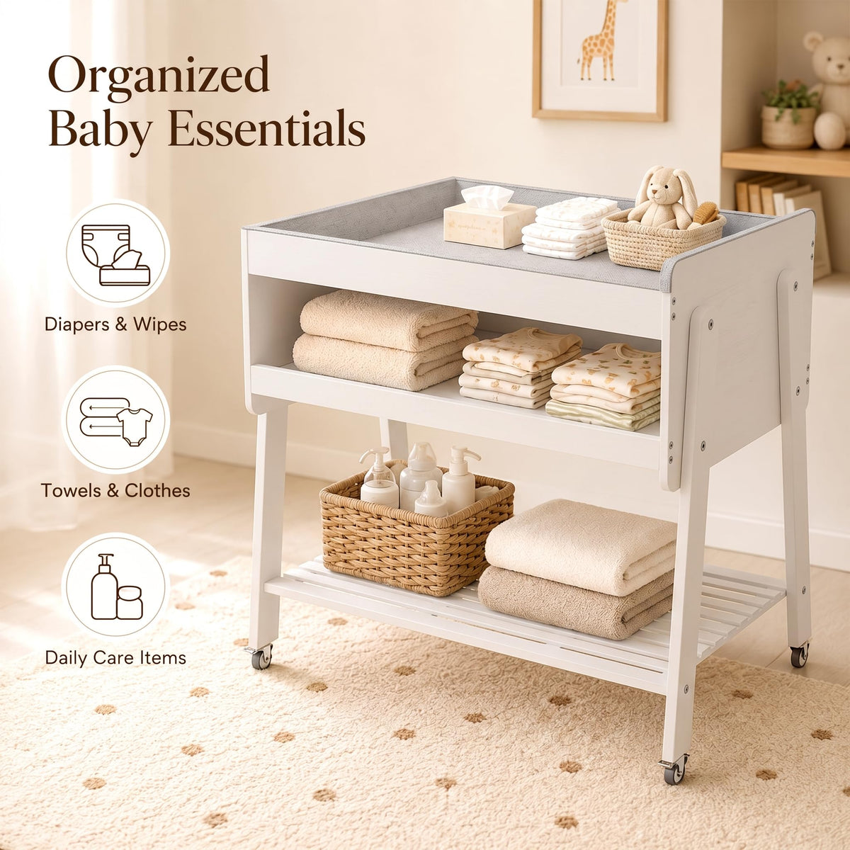 White Baby Changing Table with Wheels and Changing Pad Y493