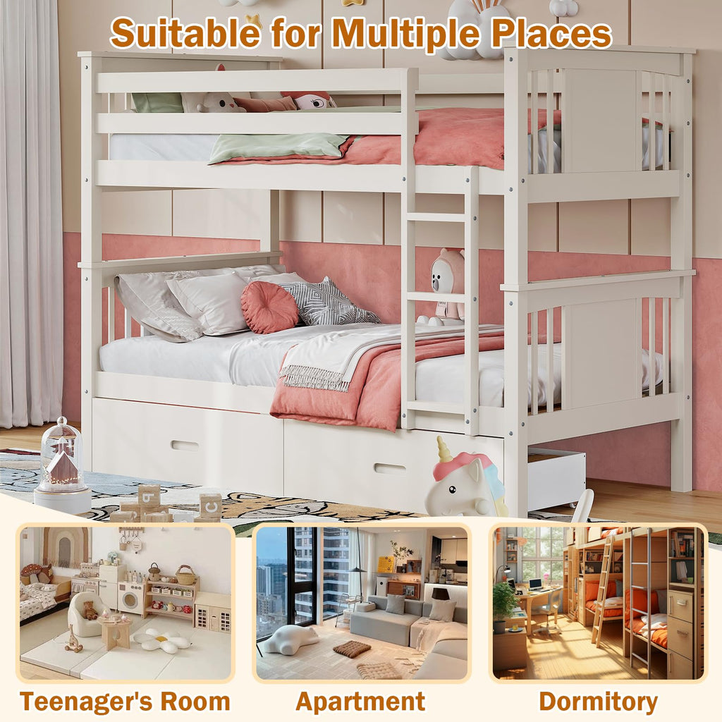 Solid Wood Twin-Over-Twin Bunk Bed with 2 Storage Drawers U39331