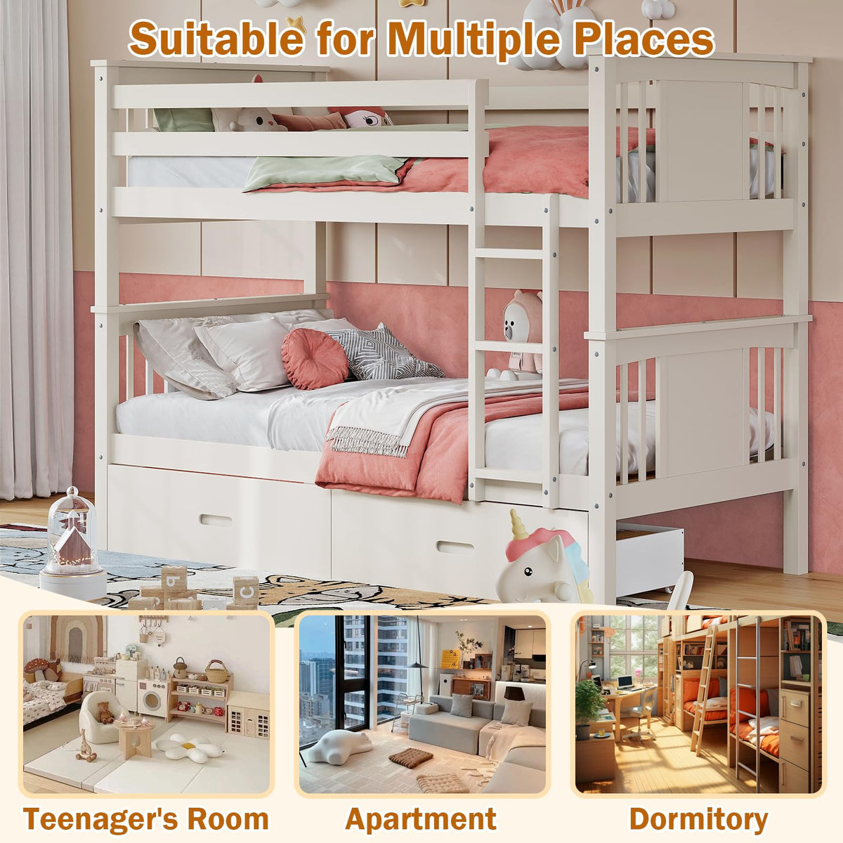 Solid Wood Twin-Over-Twin Bunk Bed with 2 Storage Drawers U39331