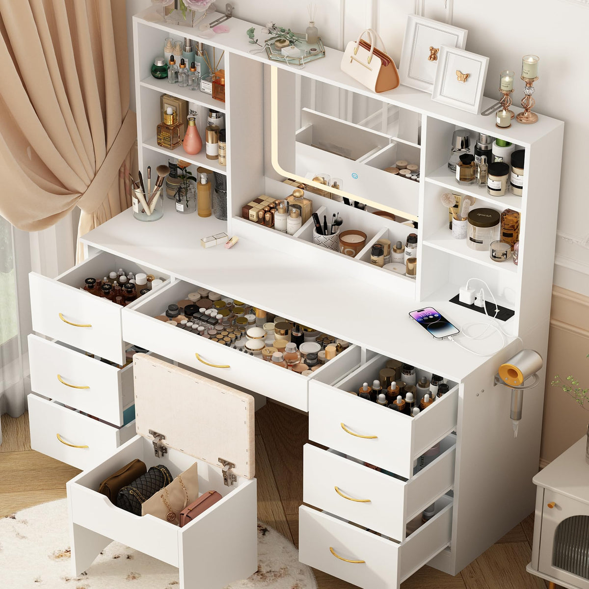 47" White Vanity Desk with Mirror and Lights Q5886
