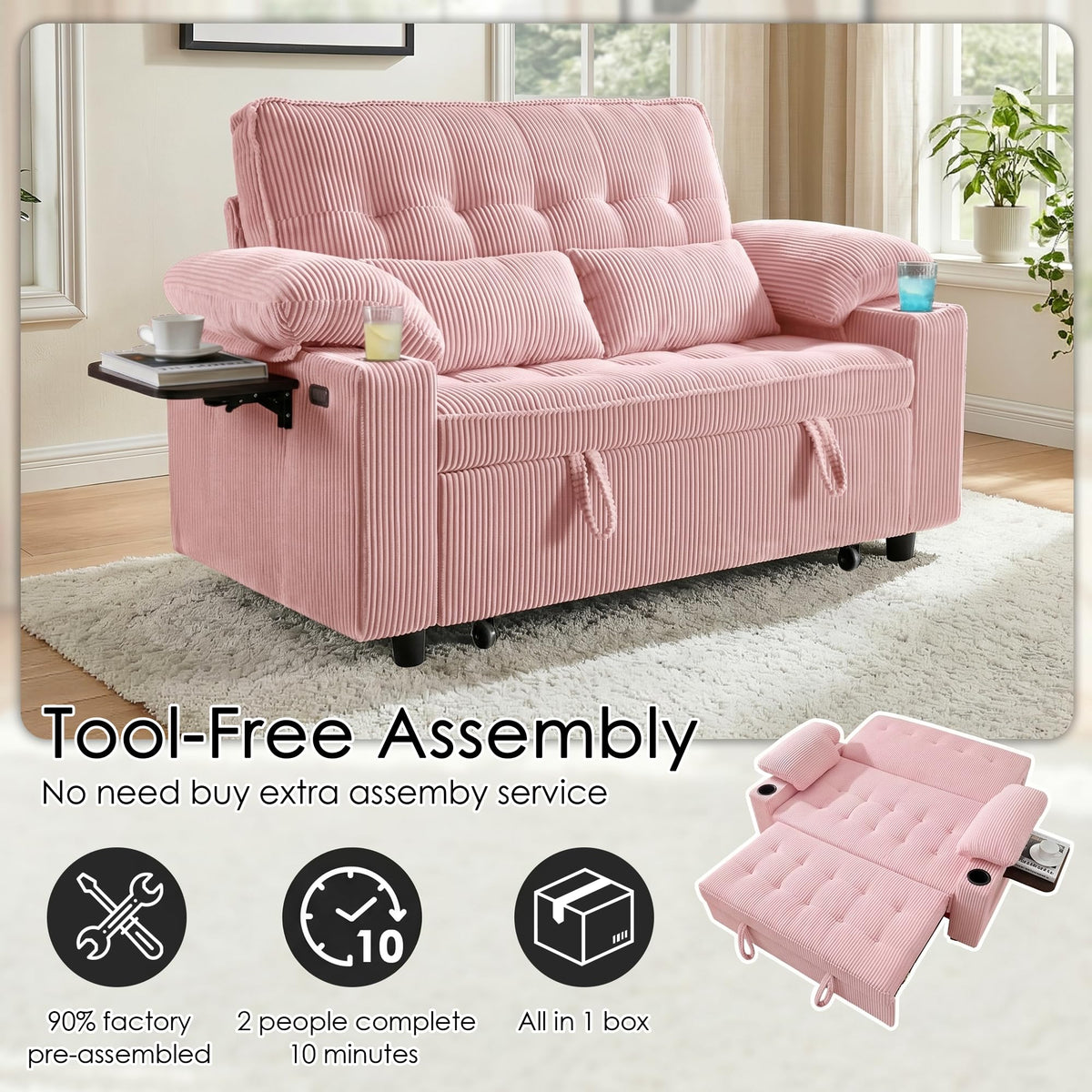 Pink Corduroy Full Size Sleeper Sofa Bed G329