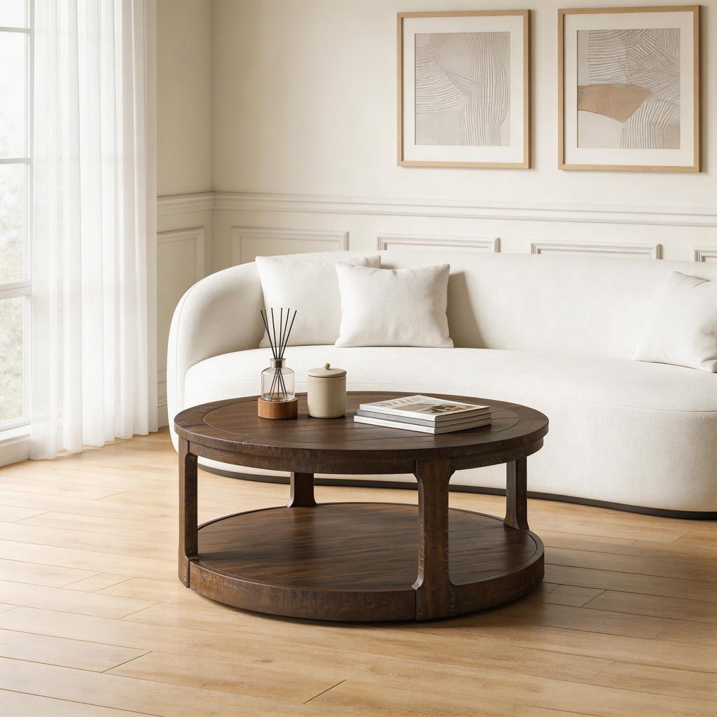 40" Round 2 Tier Solid Wood Coffee Table with Wheels H18841