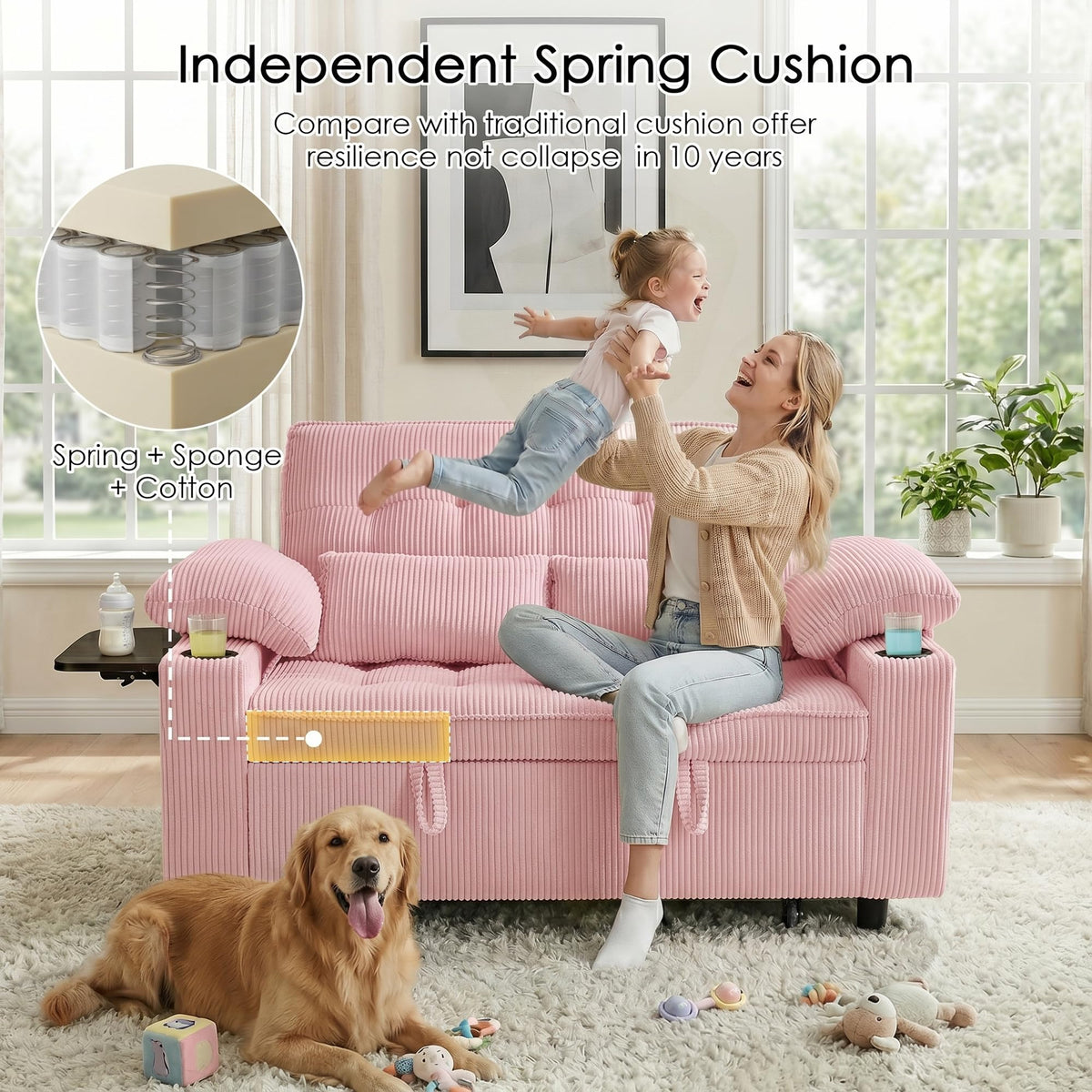 Pink Corduroy Full Size Sleeper Sofa Bed G329
