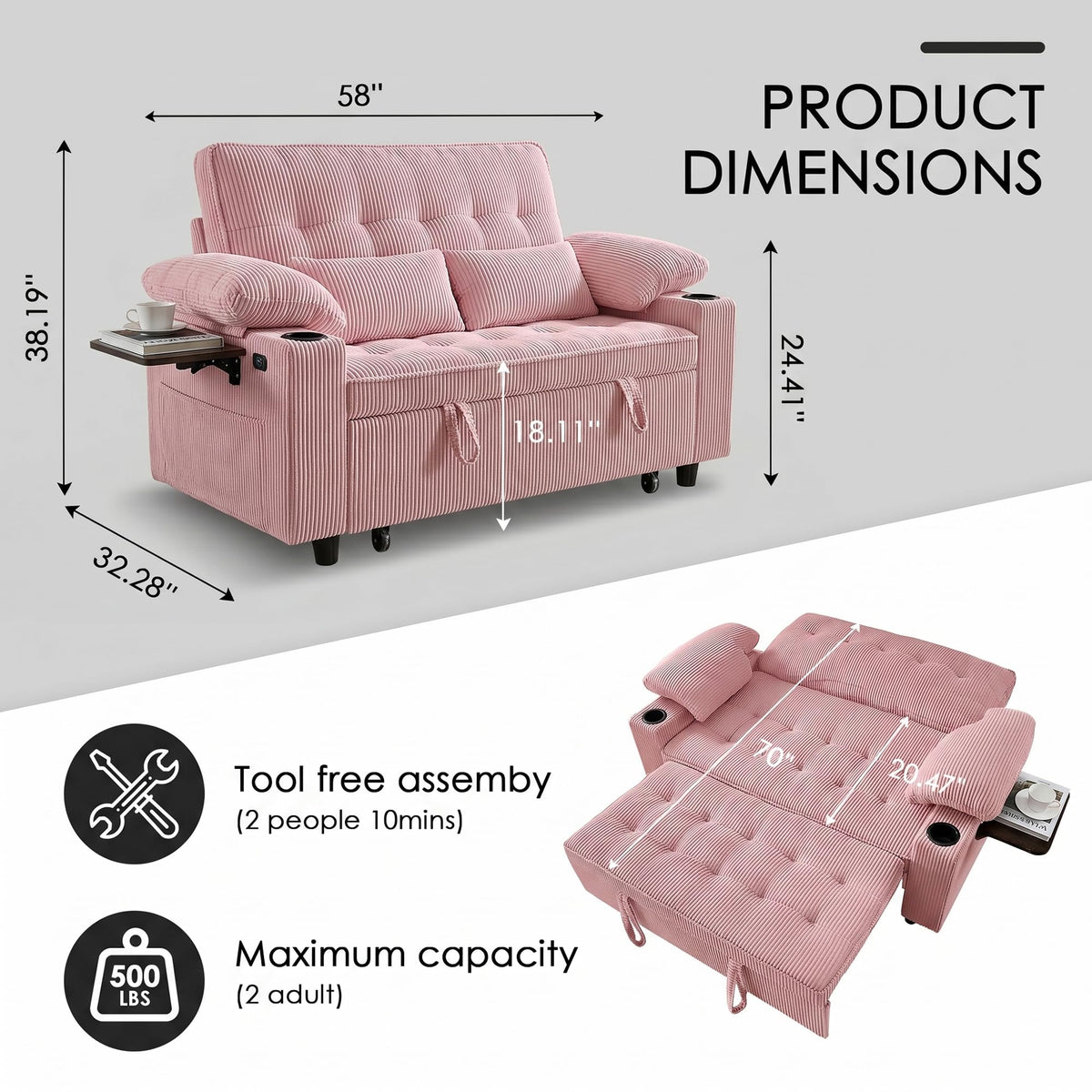 Pink Corduroy Full Size Sleeper Sofa Bed G329