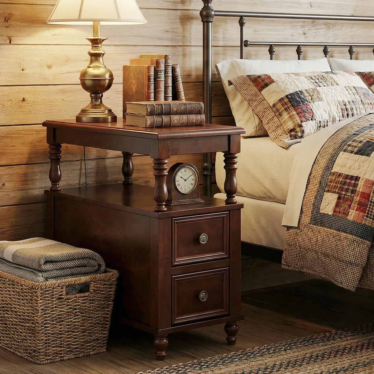 Cherry Finish Wood End Table with 2 Drawers I795