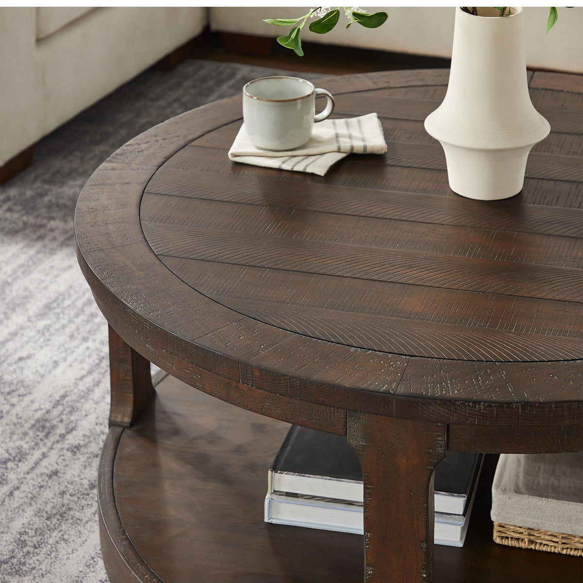 40" Round 2 Tier Solid Wood Coffee Table with Wheels H18841