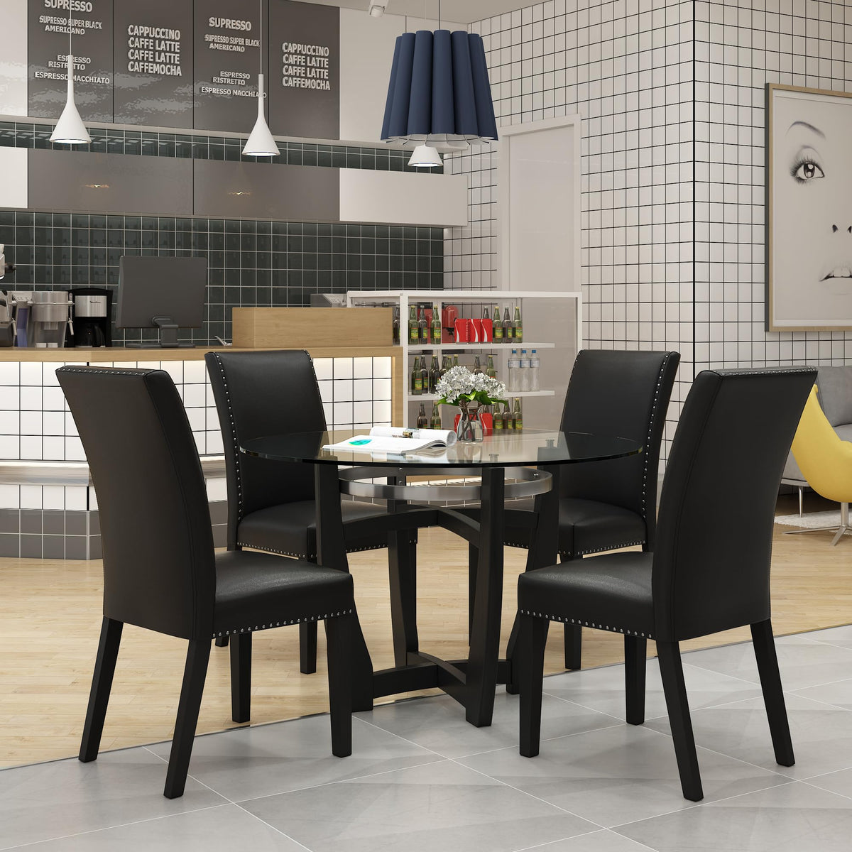 48" Glass Dining Table Set with 4 PU Leather Chairs B811549