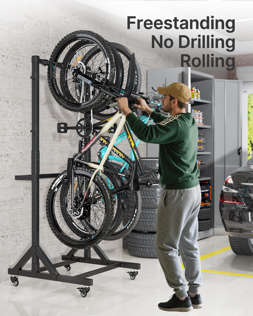 Freestanding Bike Storage Rack with Wheels for 3 Bikes P9198
