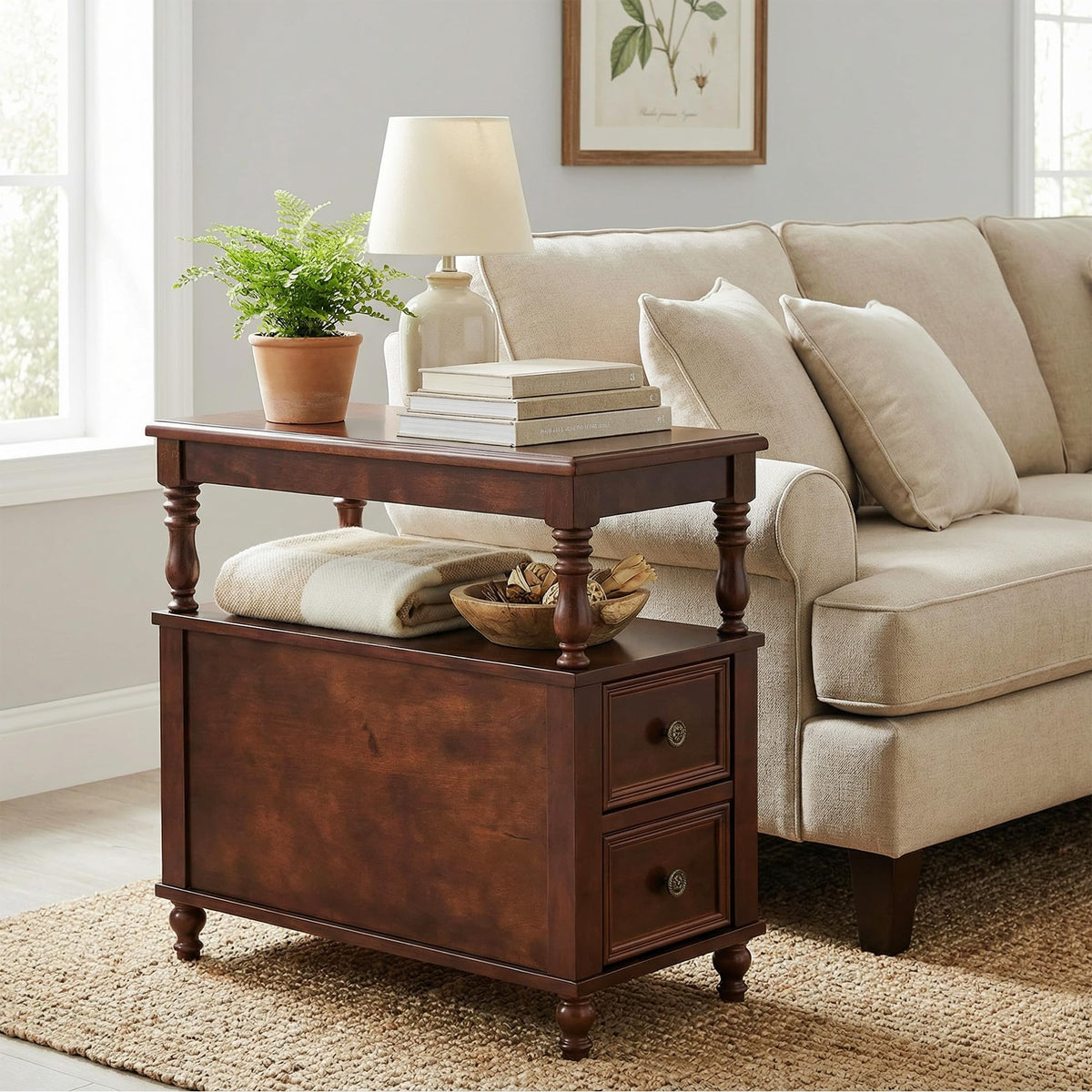 Cherry Finish Wood End Table with 2 Drawers I795