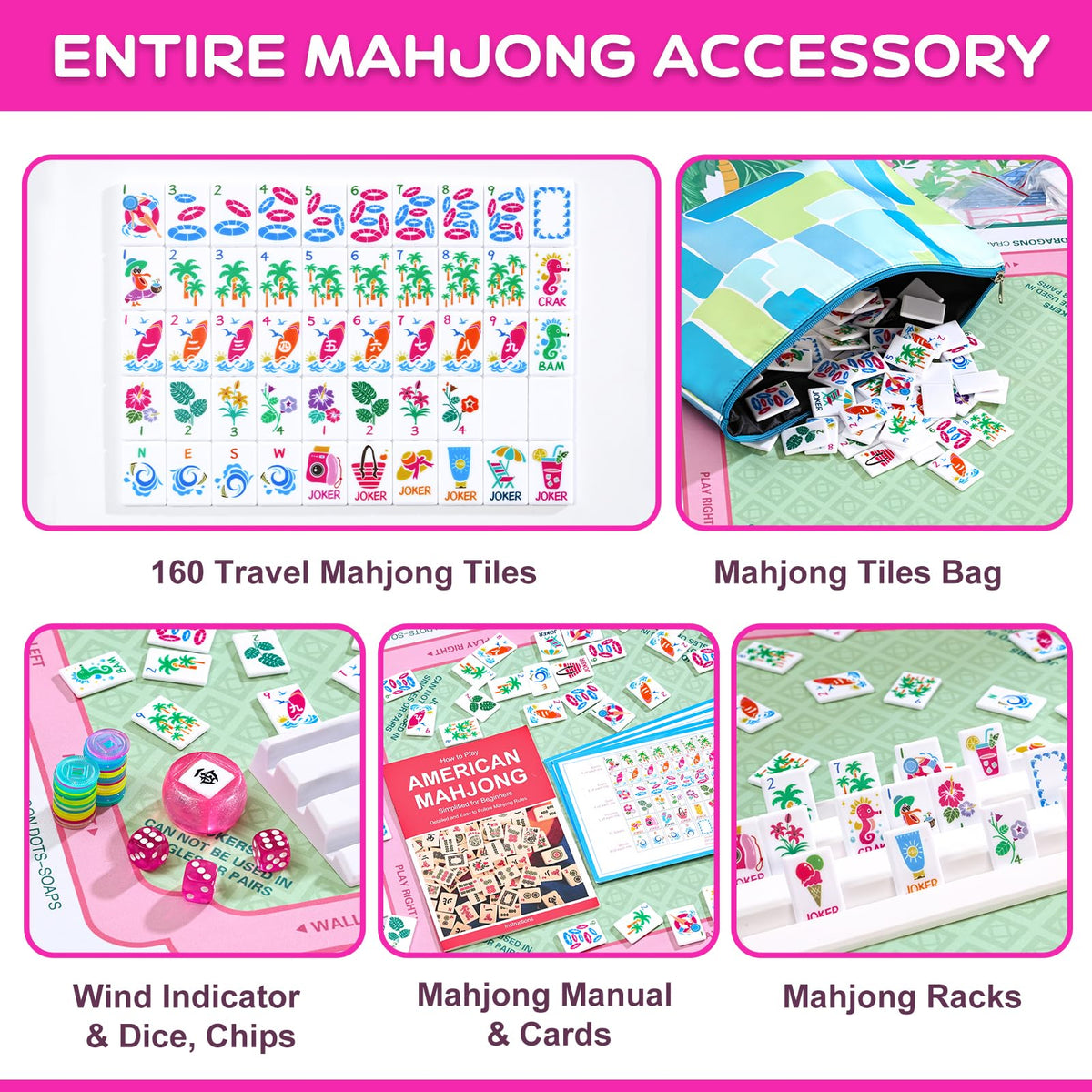 160 Tiles Thin Plastic Mahjong Set with Bag and 4 Racks H9440