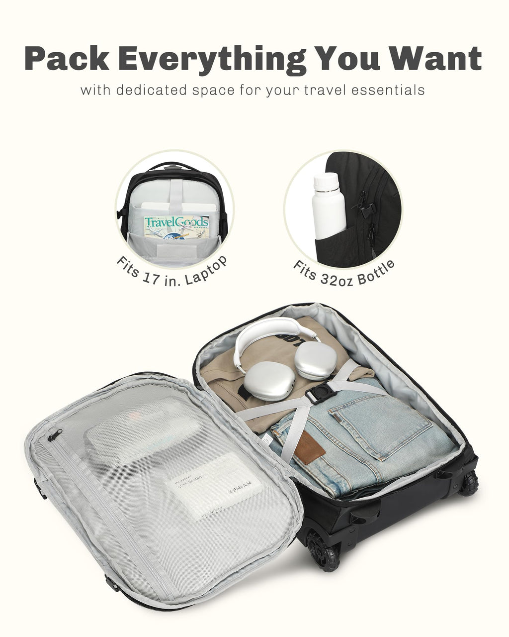 Rolling Backpack with Wheels 43L Jet Black I541