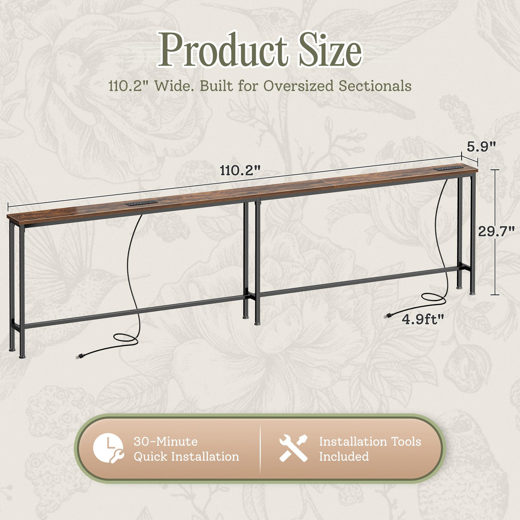 110.2 Inch Narrow Sofa Table with Power Outlets and USB-C Ports J114