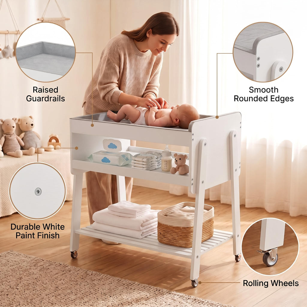 White Baby Changing Table with Wheels and Changing Pad Y493
