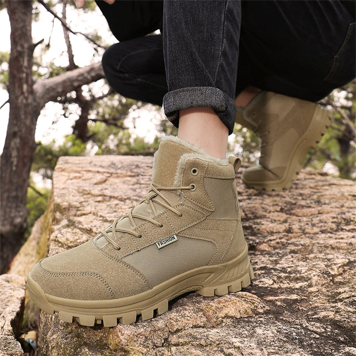 Mid Top Fur Lined Suede Leather Waterproof Military Tactical Boots F7015