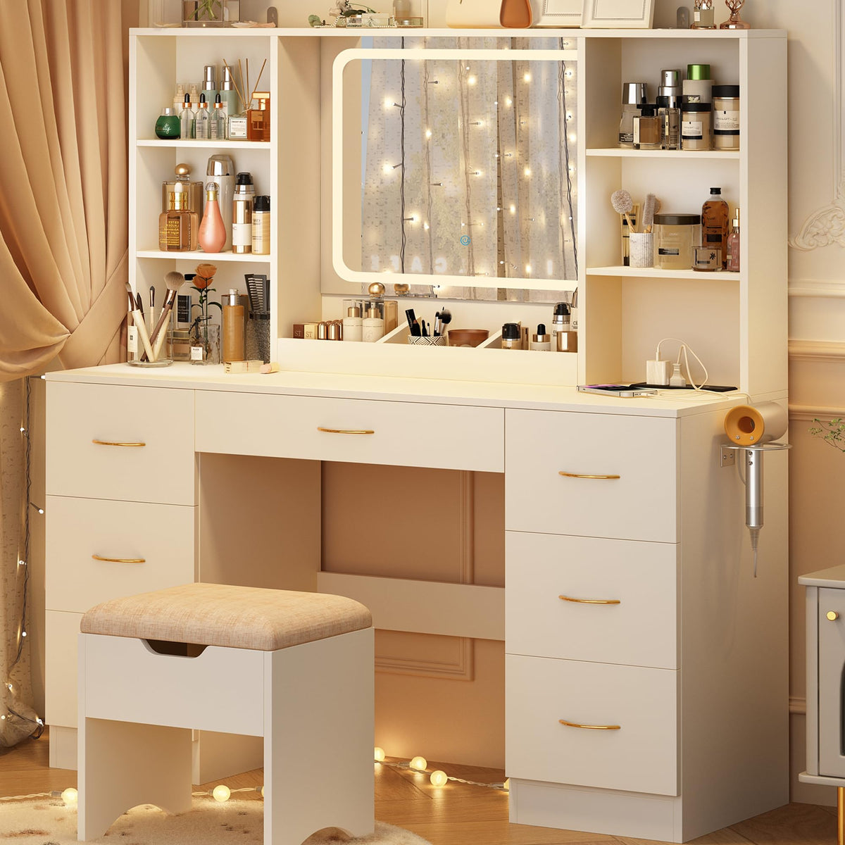 47" White Vanity Desk with Mirror and Lights Q5886