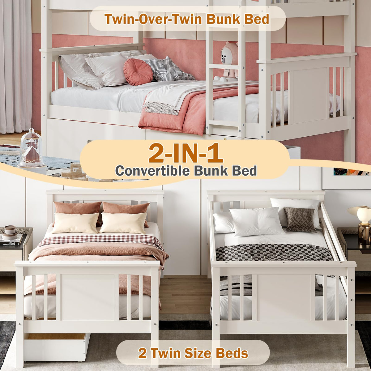 Solid Wood Twin-Over-Twin Bunk Bed with 2 Storage Drawers U39331