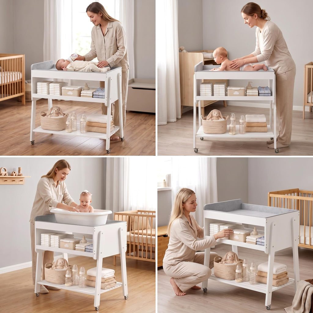 White Baby Changing Table with Wheels and Changing Pad Y493