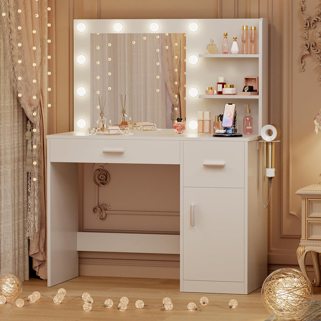 White Vanity Desk with Mirror & Charging Station N847