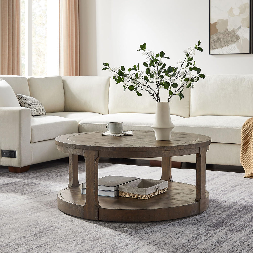 40" Round 2 Tier Solid Wood Coffee Table with Wheels H18841