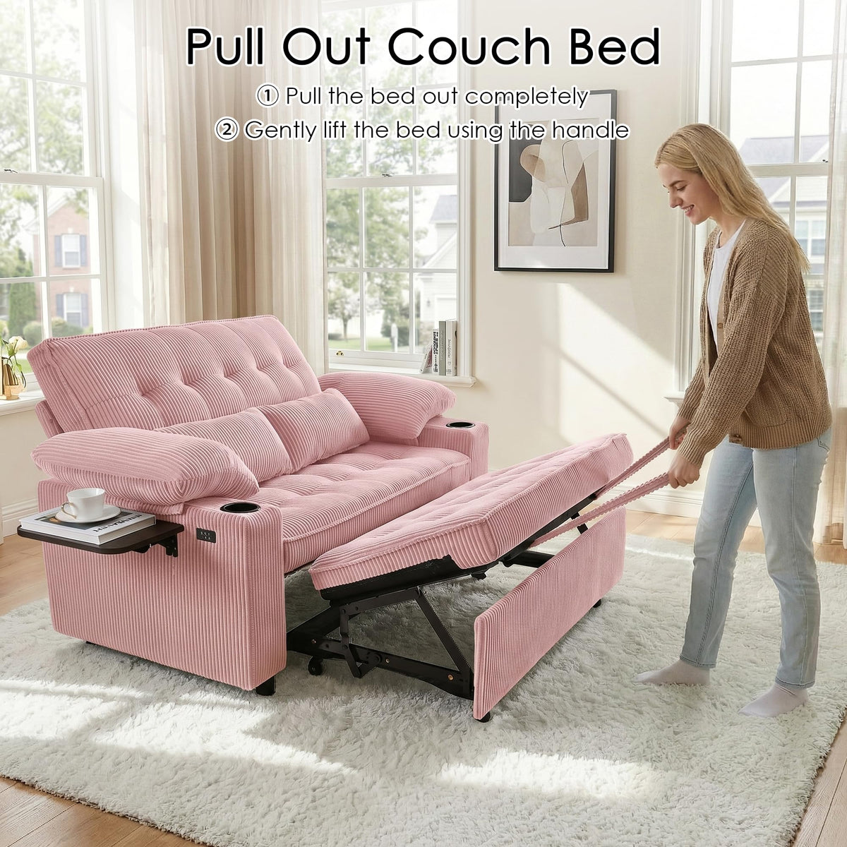 Pink Corduroy Full Size Sleeper Sofa Bed G329