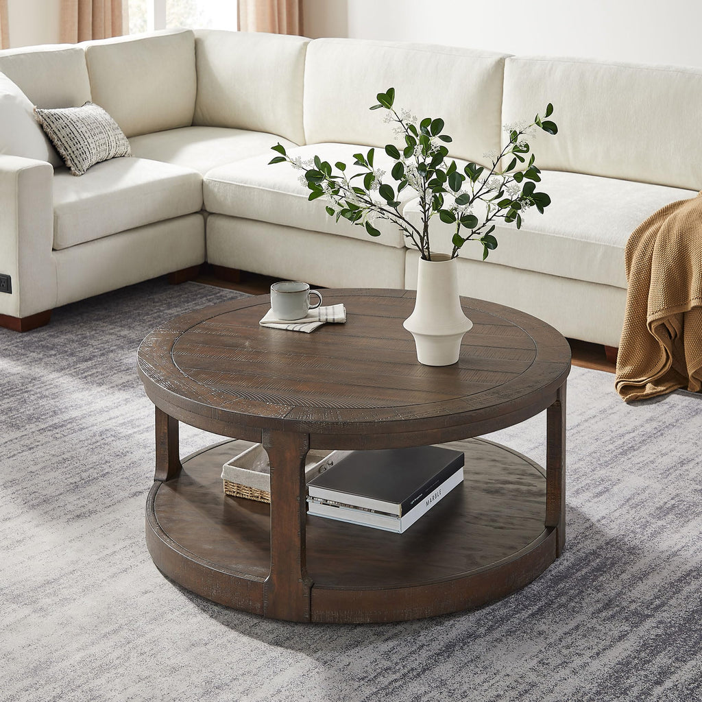 40" Round 2 Tier Solid Wood Coffee Table with Wheels H18841