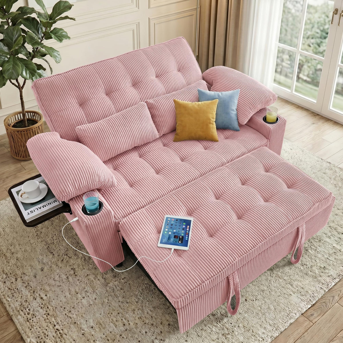 Pink Corduroy Full Size Sleeper Sofa Bed G329