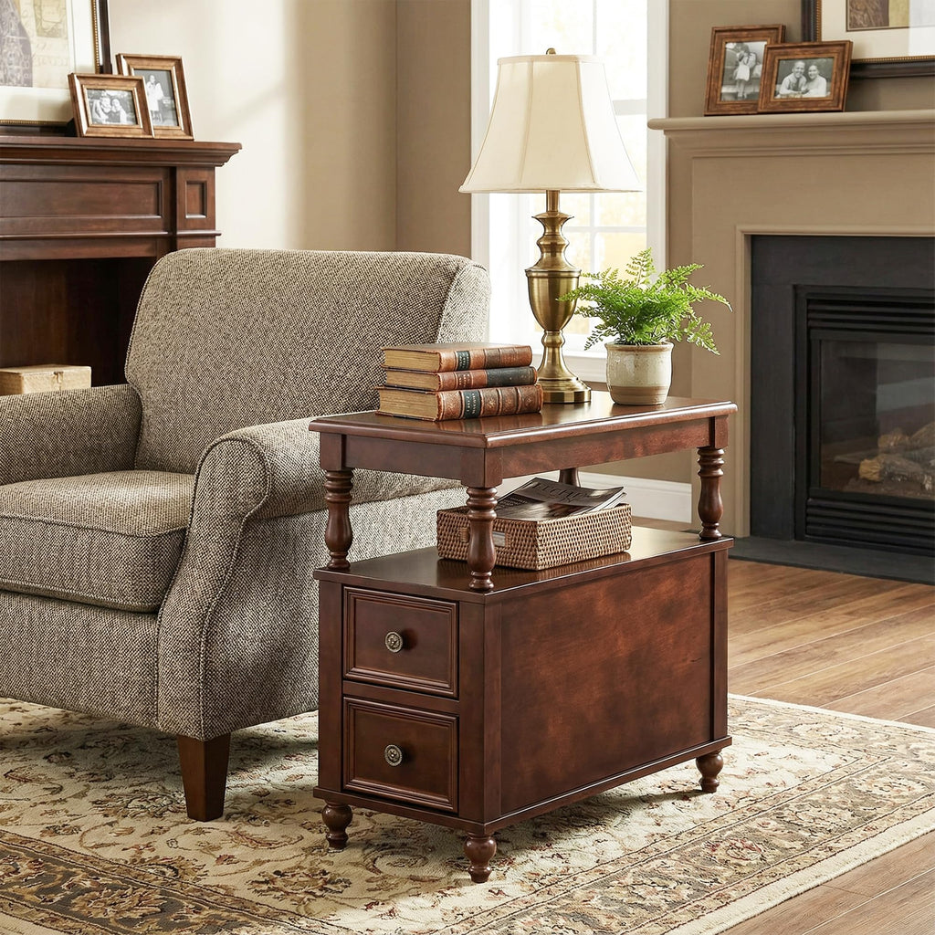Cherry Finish Wood End Table with 2 Drawers I795