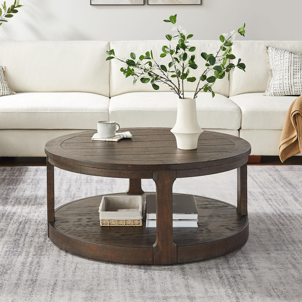 40" Round 2 Tier Solid Wood Coffee Table with Wheels H18841