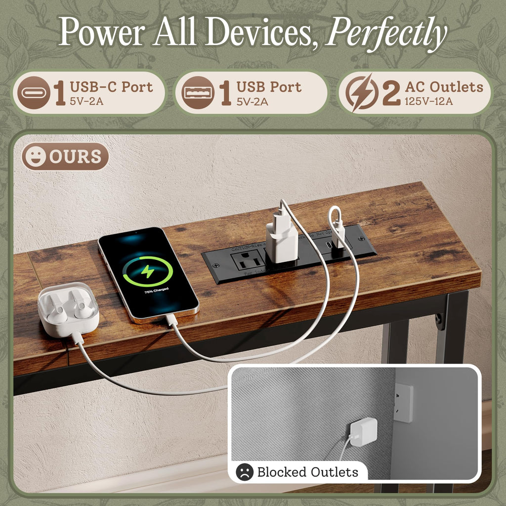 110.2 Inch Narrow Sofa Table with Power Outlets and USB-C Ports J114