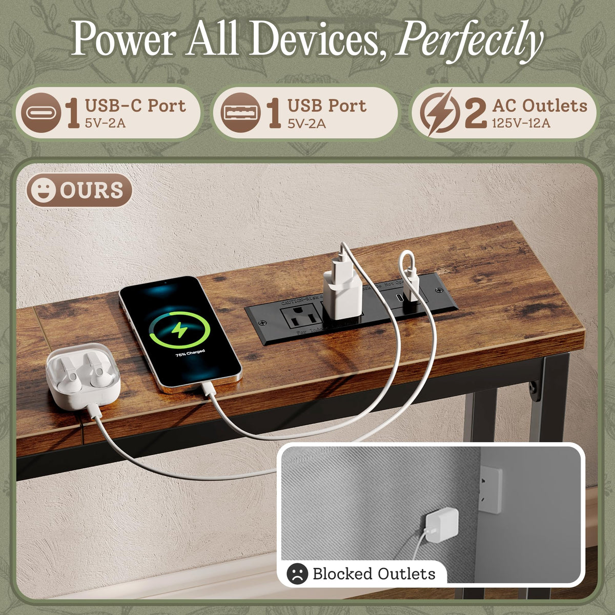 110.2 Inch Narrow Sofa Table with Power Outlets and USB-C Ports J114