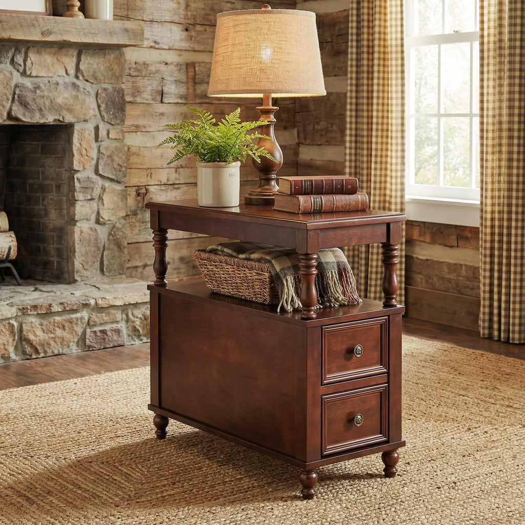 Cherry Finish Wood End Table with 2 Drawers I795